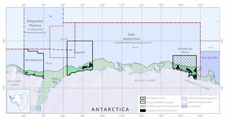 Mapa que muestra las zonas propuestas del Área Marina Protegida de la Antártida Oriental